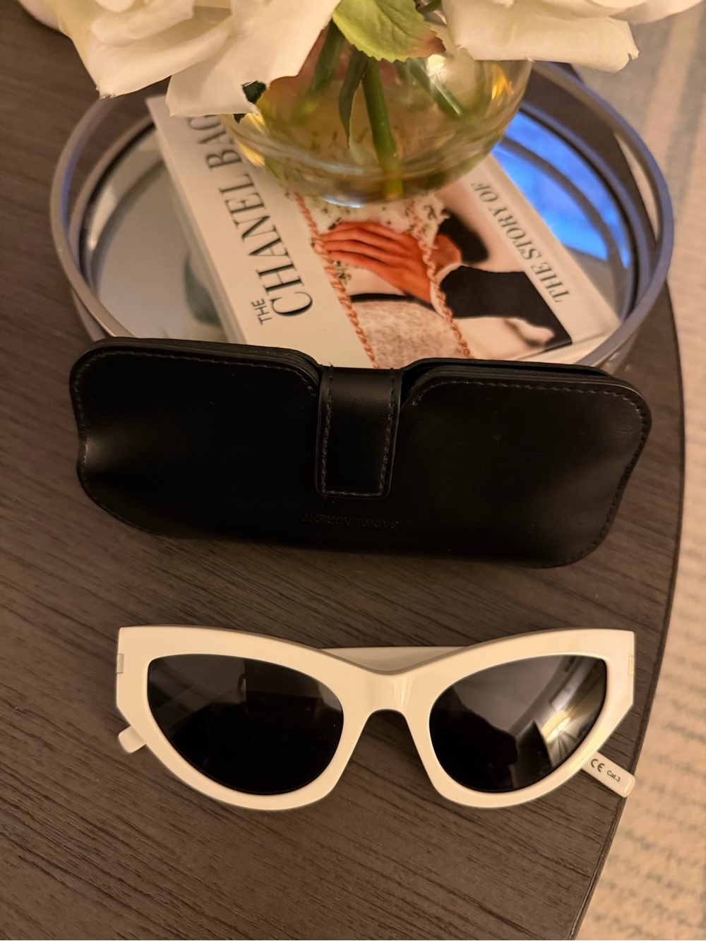 Saint Laurent White Cat-Eye Sunglasses with Black Lenses with case